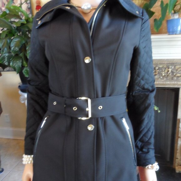 Michael Kors Black Belted Quilted Pea Coat Size PXS - Picture 4 of 16